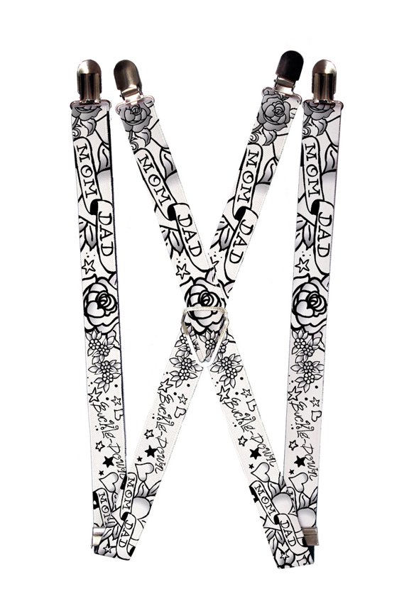 Tattoo Grafitti Black and White Floral Pattern Suspenders