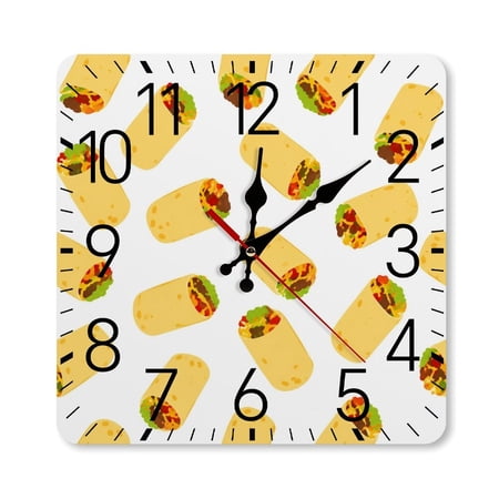 RKSupls 10×10inch Square Silent Wall Clock Wooden Frame, Taco Mexican Pattern Scale Decorative Clock for Home Bedroom Living Room Office