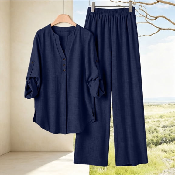 Cagogo Women Plus Size 2 Piece Set V Neck Long Sleeve Shirt Wide Leg Pants Casual Loose Outfits Solid Basic Matching Lounge Tracksuits Comfy Travel Airport Clothes, Navy 2XL