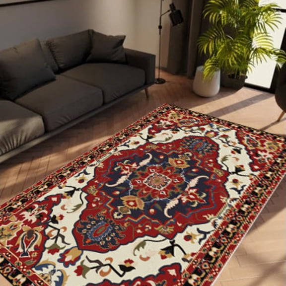 LaModaHome Non-Slip Rug Vintage Style Soft Red Rug Washable Mat Child Stain Resistant Living Room Kitchen Carpet - Size: 3X2ft(90X60cm)
