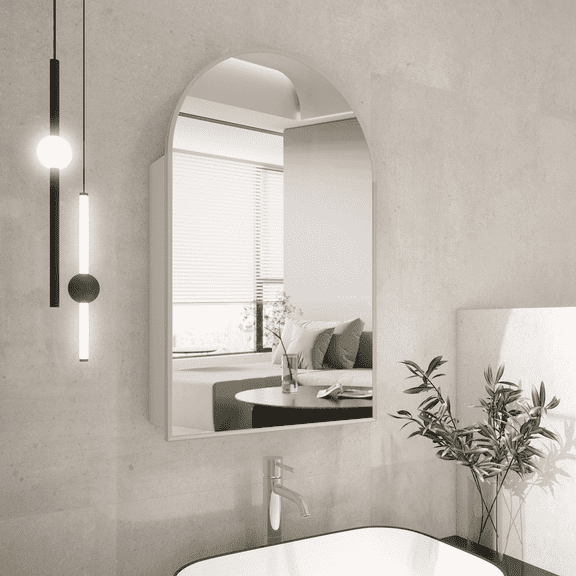 Bathroom Medicine Cabinet with Mirror Silver, Arched Medicine Cabinet Wall Mounted, Modern Vanity Mirror with Storage, Mirrored Cabinet with Adjustable Shelves, Not Recessed, 20x32 Inch