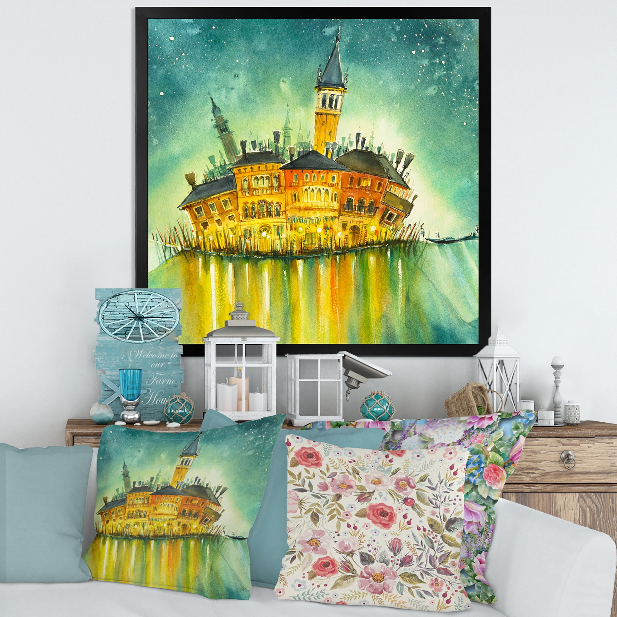 Designart 'Portrait of Idyllic Island of Venice At Night' Modern Framed Art Print