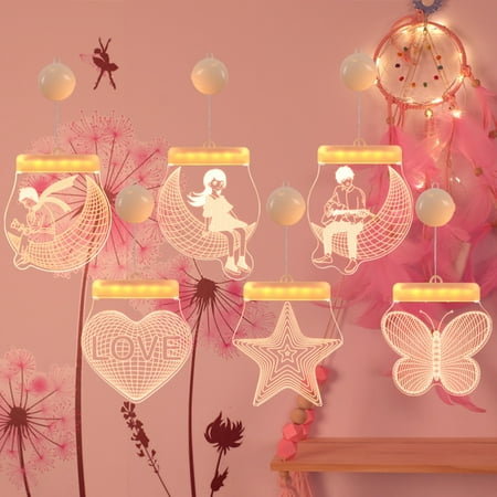 

Hariumiu 3D Hanging Lamp Creative Shape Flicker Free Battery Operated Hanging Hole Design Eye Protection Cartoon Butterfly Love Heart Window Hanging Lamp Home Supplies