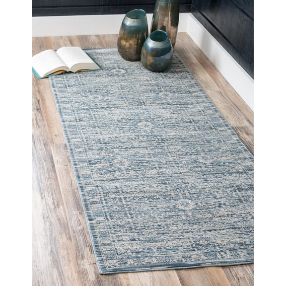 Unique Loom Birch Paris Rug Blue/Beige 2' 7" x 6' Runner Border Bohemian Perfect For Bathroom Hallway Mud Room Laundry Room