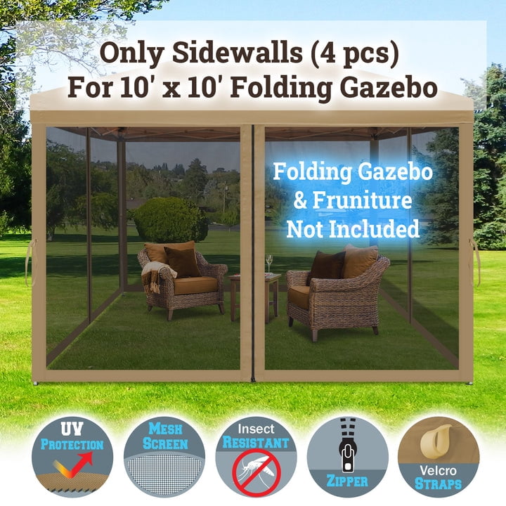 ALUVIERA Replacement Mosquito Netting for 10' x 10' Gazebo, Zippered Mesh Sidewalls Only, Pack of 4 (10' L X 6.4' W for 10' x 10' Gazebo, Tan)
