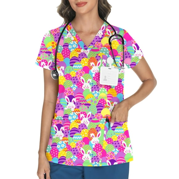 Scrub Tops LOMON con estampado de cuello en V de Pascua para mujer 3XL con 3 bolsillos
