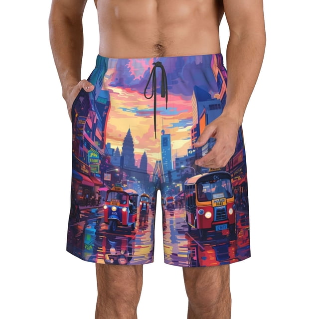 Balery Taxi Colorful Town Traje de Baño Estilo Hawaiano para Hombre, Shorts de Secado Rápido con Bolsillos-Small