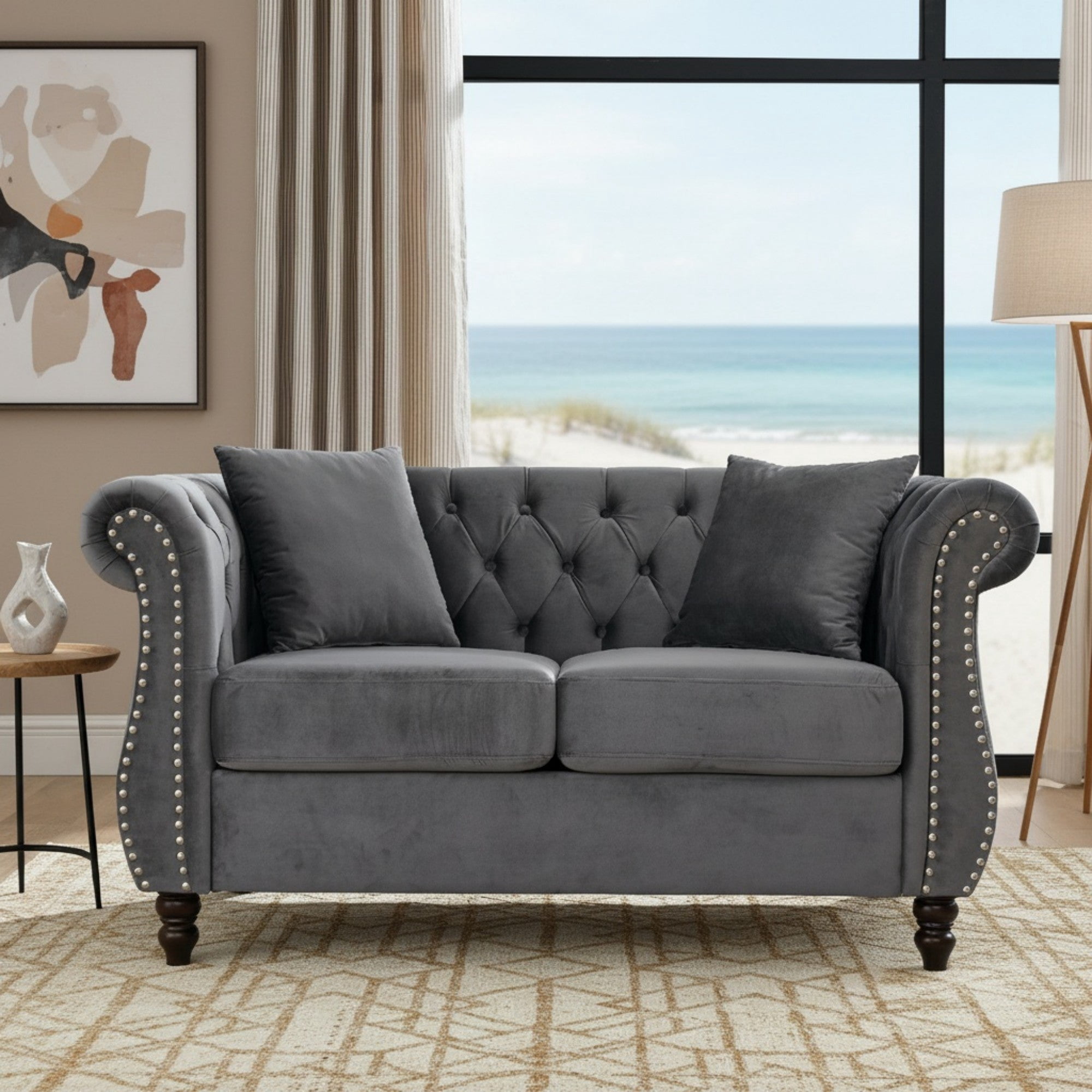 Sailvan 58.8" Velvet Chesterfield Sofa, 2 Seater Tufted Loveseat with Rolled Arms & Nailhead Trim, Grey Couch for Living Room & Office Grey
