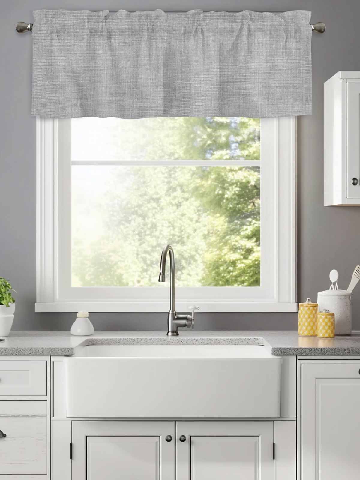 Solid Color Gray Valances for Windows,Rod Pocket Valance for Kitchen Bedroom Bathroom Living Room, Vintage Linen Monochrome Pattern Window Valance Curtain Farmhouse Home Decor Short Curtains 60x18in