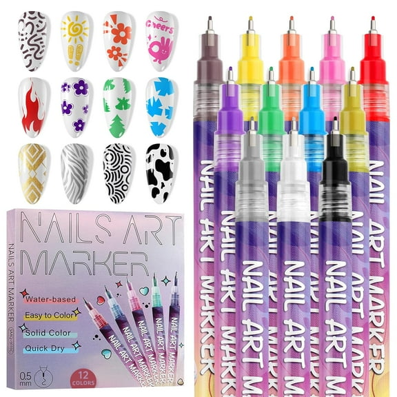 12 Colors Nail Art Pens Set, 0.5MM Nail Polish Pens with Drawing Painting Point Liner, Waterproof Quick-Drying Acrylic Nail Paint for DIY Nail Art Design