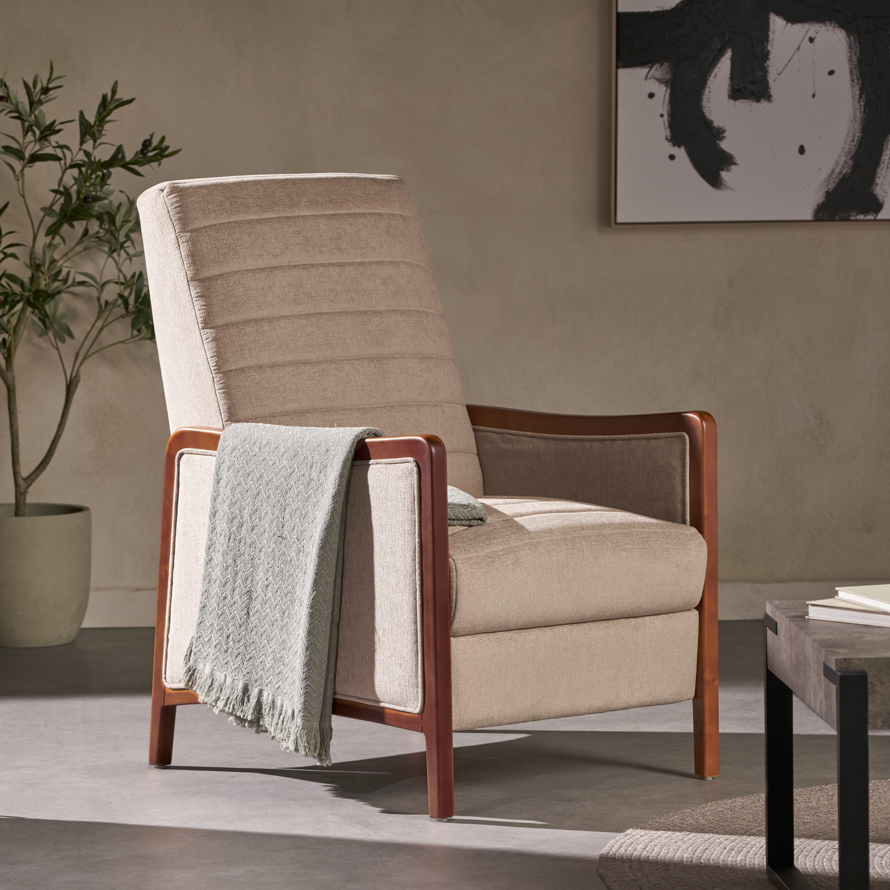 Euroco Mid-Century Modern Push Back Recliner Chair with Birch Wood Frame and Channel Tufted Upholstery, Lounge Accent Chair