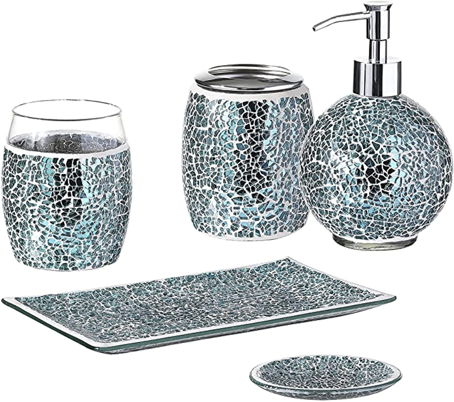 Green Bathroom Accessory/Accessories Set 4PC Set Mosaic Glass Dispenser/Dish 