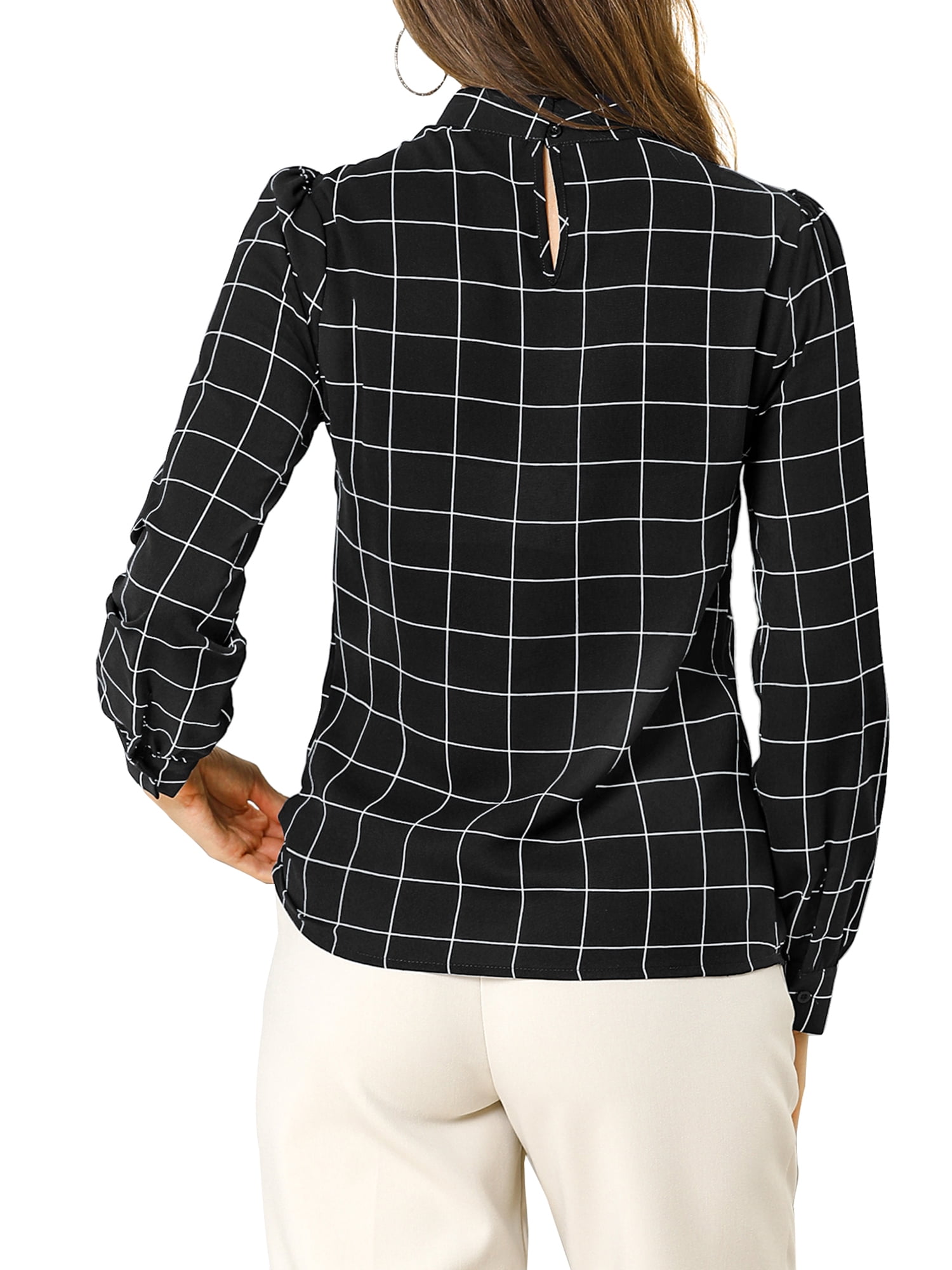 DARING DIVA Bow-Tie Neck Office Work Checks Shirt Top M Black