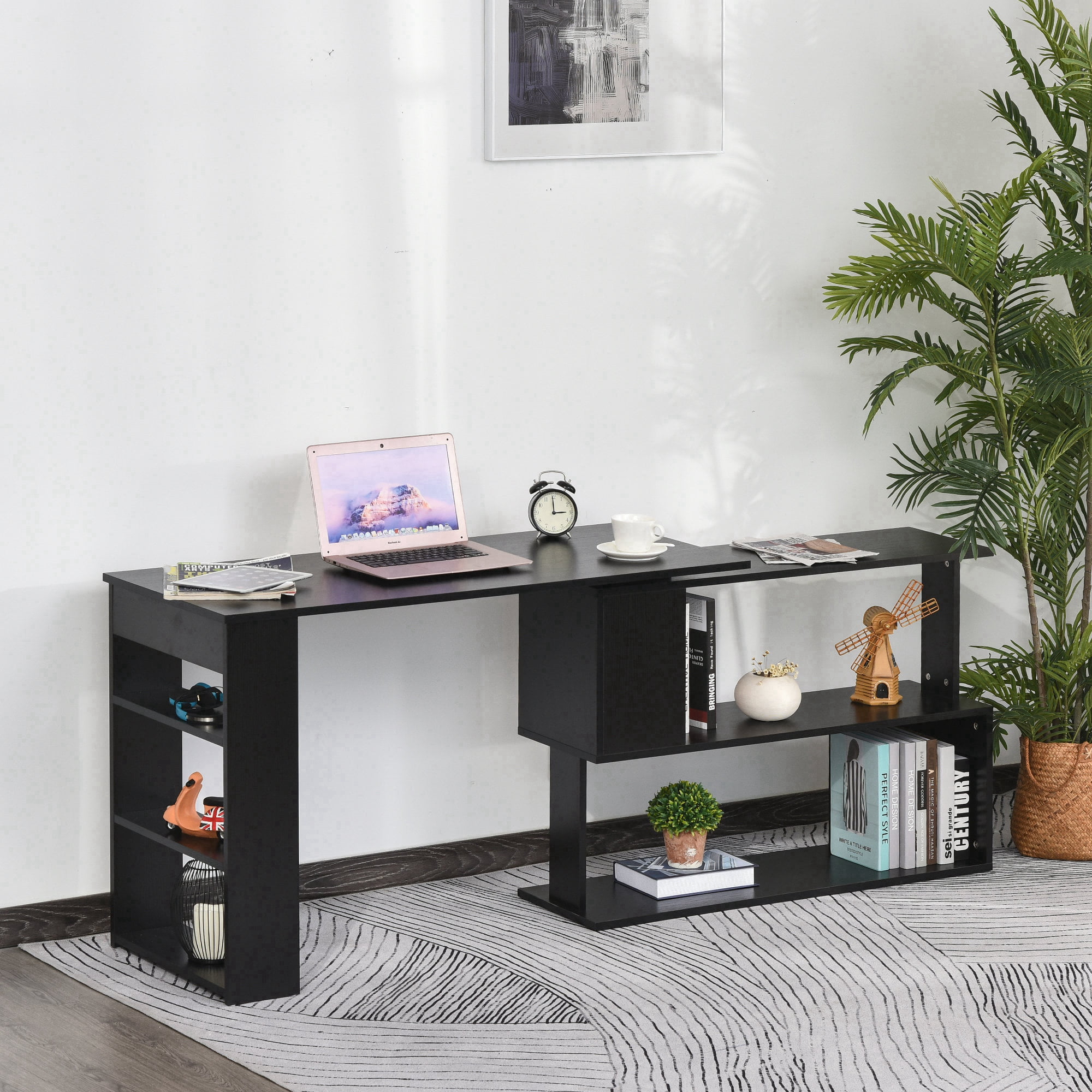 Modern L-Shaped Desk with Storage Shelves for Home Office 360° Rotating PC Table 