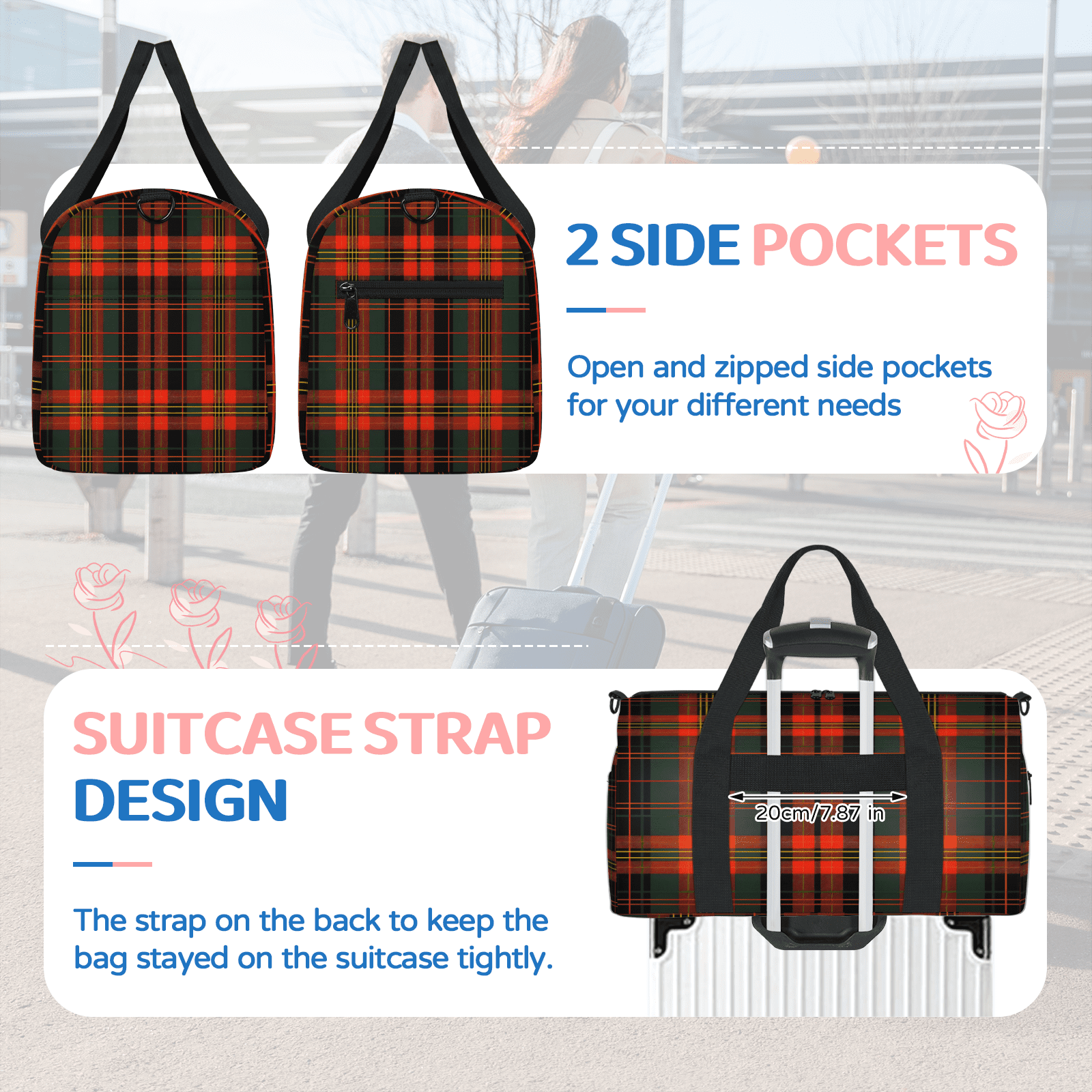 Herdesigns Christmas Plaid Red And Green Travel Duffle Bag Sports Yoga Weekender Overnight Carry on Workout Bags Lightweight Waterproof Gym Tote Bag for Women