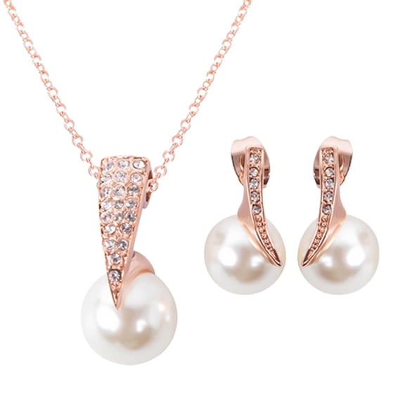 Yesbay Wedding Jewelry Set Bride Rose Gold Faux Pearl Pendant Necklace Earrings,Jewelry Set