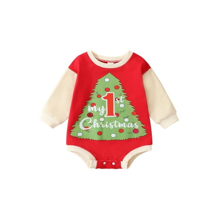

Binpure Baby Boys Girls Autumn Romper Long Sleeve O Neck Christmas Tree Print Patchwork Romper