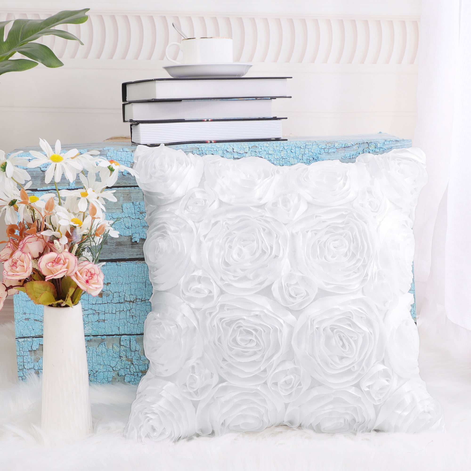 Unique Bargains 3D Flower Decorative Throw Pillow Cover 16" x 16" Snow White