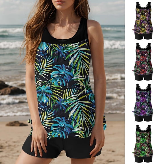 Nerohusy Women's 2 Piece Swimsuits with Boy Shorts Sleeveless Tank Tops Boho Beach Sets Floral Print Vintage Tankini Swimwear,Yellow,XL