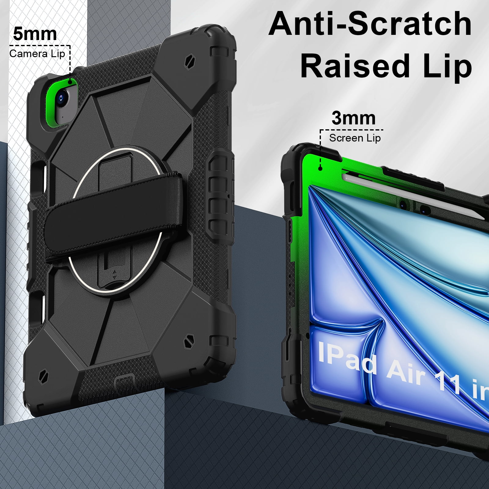 Allytechgroup iPad Air 11 Inch M4 M3 M2 2026 2025 2024 Case Cover with Pencil Holder, Rugged Heavy Duty Protection with Kickstand & Hand Strap Shockproof Kids Friendly Case for Apple iPad Air 11"