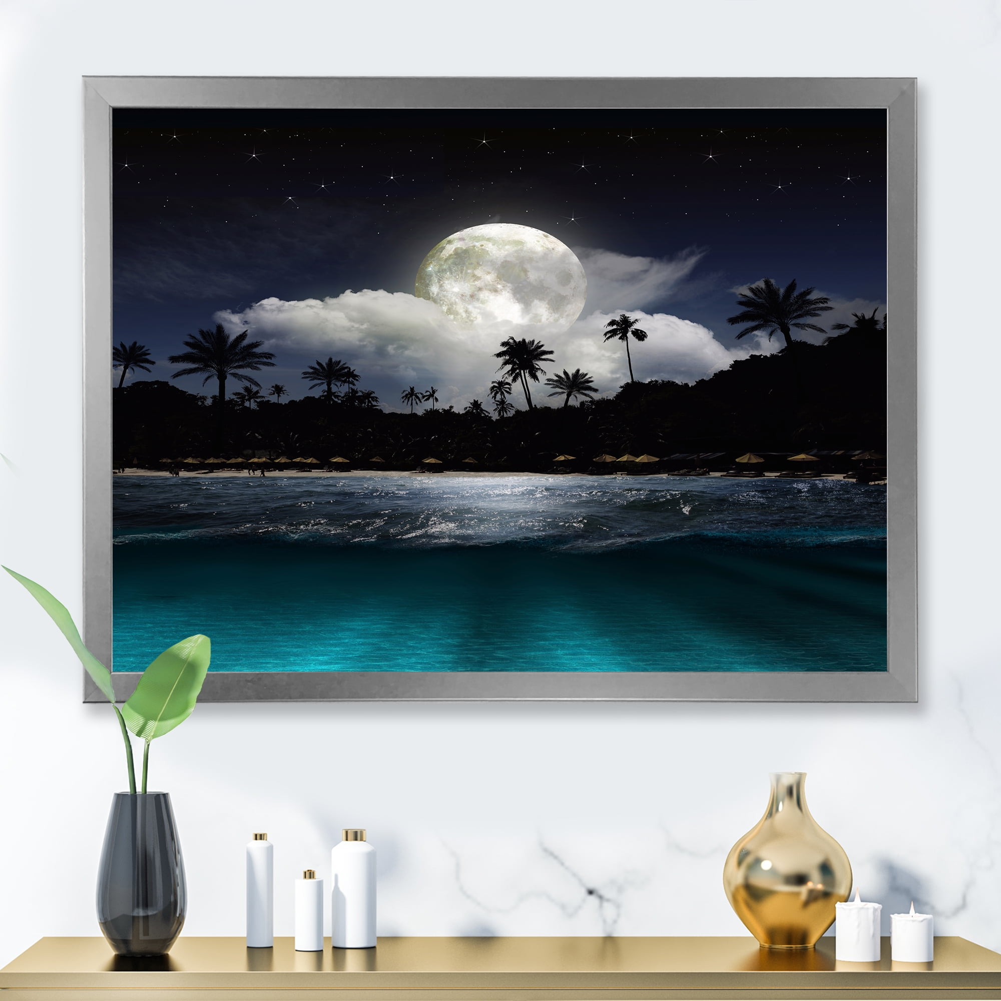 Designart 'Green Beach Under Tropical Full Moon' Modern Framed Art Print
