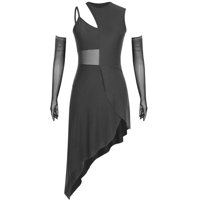 CHICTRY Robe de Danse Latine pour Femmes avec Strass Gants Longs pour Bal Salsa Cha Cha Robe de Fête Noire P
