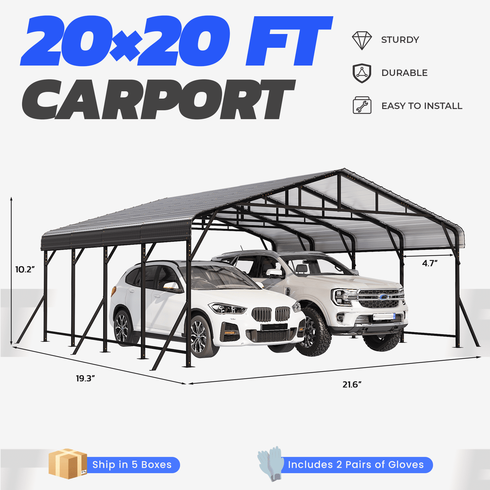 EROMMY Carport 20x20 FT,Heavy Duty Carport with Reinforced Steel Braces & Galvanized Steel Roof and Frame 2 Cars, Boats and Tractors