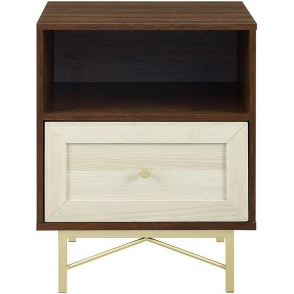 Walker Edison Morgan Contemporary Wood and Metal 1 Drawer Nightstand with Gold Accents, 25 Inch, Dark Walnut and White Poplar