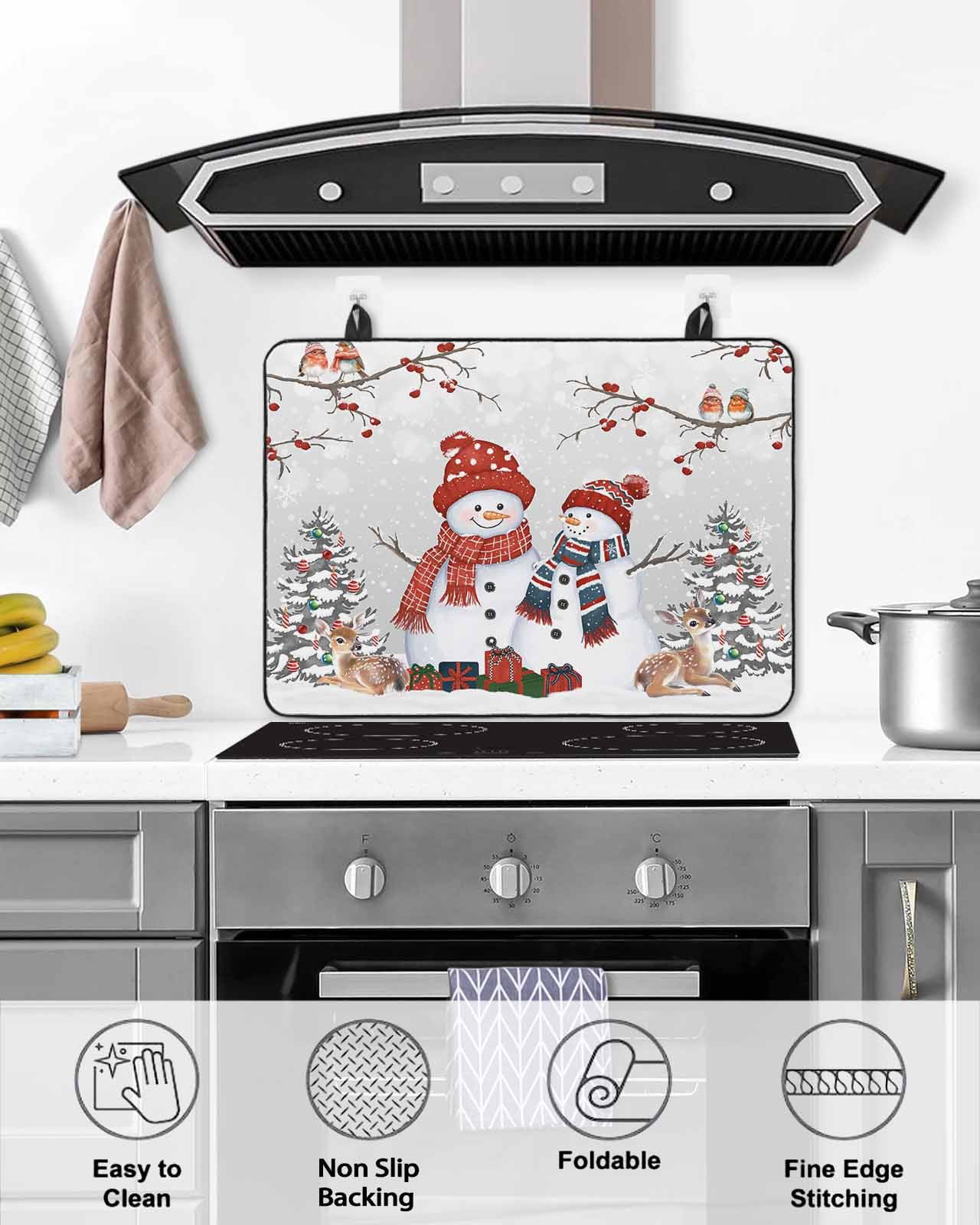 Large Induction Cooktop Protector Mat Snowman Grey Stove Top Covers for Electric Stove, Christmas Tree Forest Elk Birds Winter Snowflake Decorative Stove Burner Cover Mats, Glass Top Stove Cover