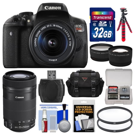 Canon EOS Rebel T6i Wi-Fi Digital SLR Camera & EF-S 18-55mm IS & 55-250mm IS STM Lens with 32GB Card + Case + Flash + Tripod + Tele/Wide Lens Kit
