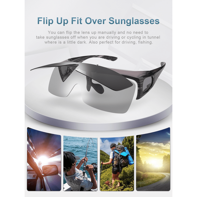 TINHAO Polarized Sunglasses Fit Over Glasses for Men Women Flip Up Shield  Wrap Around Driving Sunglasses 