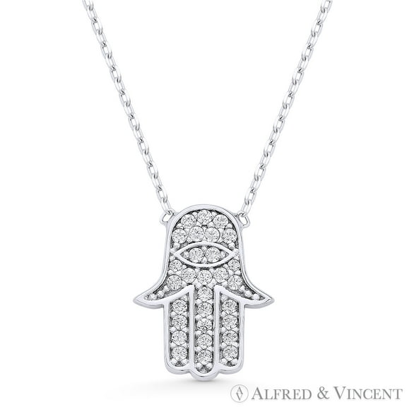 Hamsa Hand Evil Eye Charm CZ Crystal Pendant & Chain Necklace in .925 Sterling Silver