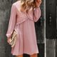 thumbnail image 3 of Vestido de mujer con cuello en V, manga larga de linterna, empalme de encaje, cintura alta, vestido con ribete de volantes para niñas, rosa S, 3 of 6