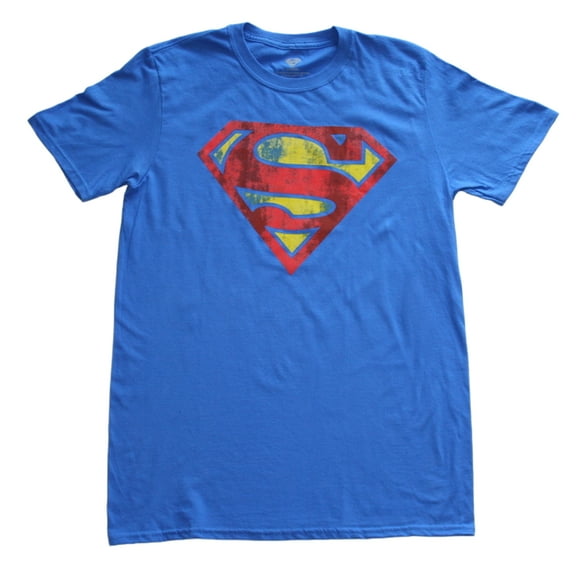 Superman Men's Blue T-Shirt with Yellow Distressing in the Logo - M