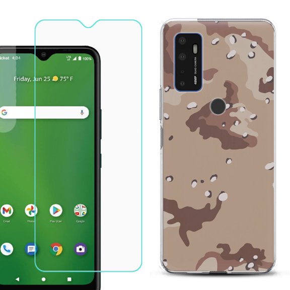 Slim-Fit Gel TPU Phone Case for Cricket Dream 5G, with Tempered Glass Screen Protector, by OneToughShield ® - Desert Camo
