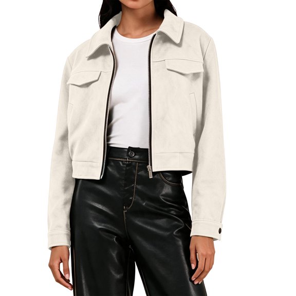 cocolona Jackets for Women Solid Color Lapel Long Sleeve Crop Coat Loose Casual Zipper Fall Winter Outerwear