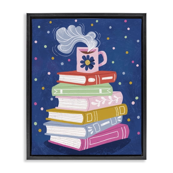 Stupell Industries Book Stack & Cozy Mug Black Framed Floater Canvas Wall Art, design by Vanessa Stoilova