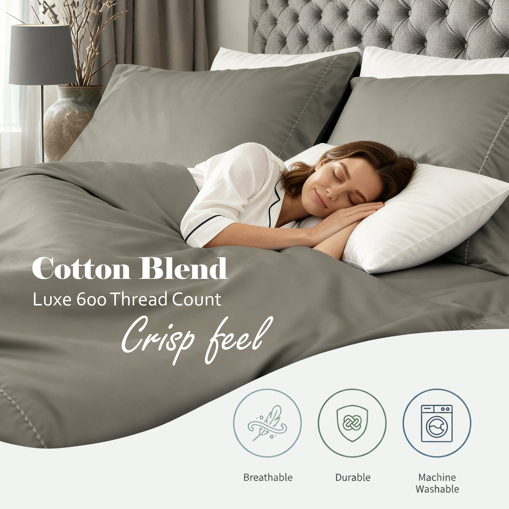Superior Cotton Blend 600 Thread Count Dash Stitch Hem Sheet Set, Split King, Grey