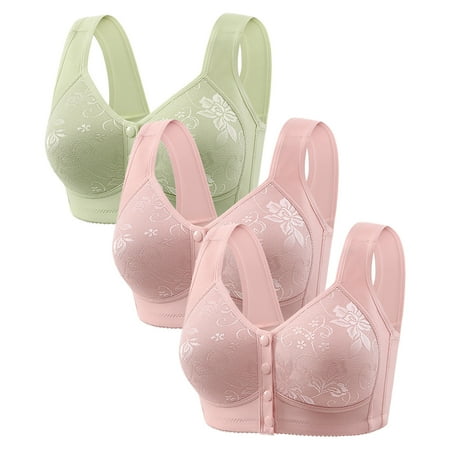 Gnurob Saving 3 Pack Daisy Bras for Women No Underwire Bralette Front Closure Bra Comfort Senior Snap Closing Bralettes for Older Deals 04-Pink Large