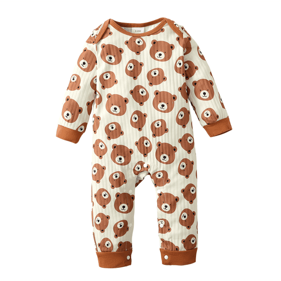 Kucnuzki Infant Baby Boy Clothes 12 Months Winter Jumpsuit Bodysuit 18 Months Long Sleeve All Bear Prints Jumpsuit Bodysuit Brown