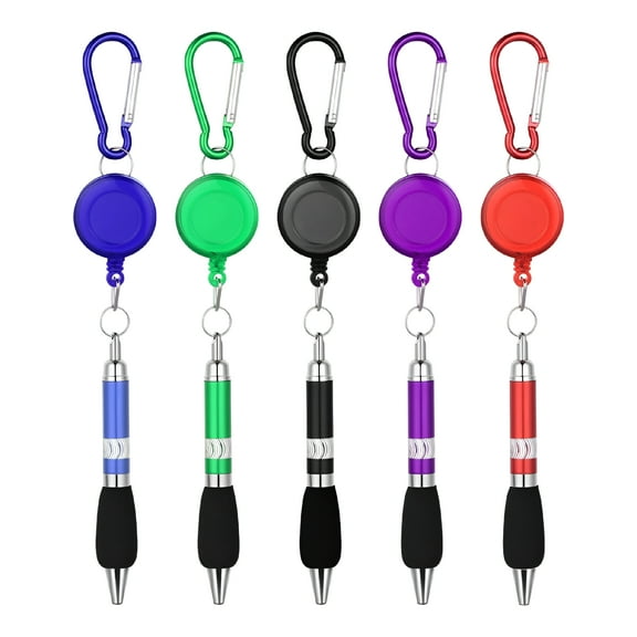 CCOCC 5PCS 3-in-1 Handy Retractable Badge Reel Pen with Belt Clip Keychain and Carabiner (Random Color and Blue Refill)