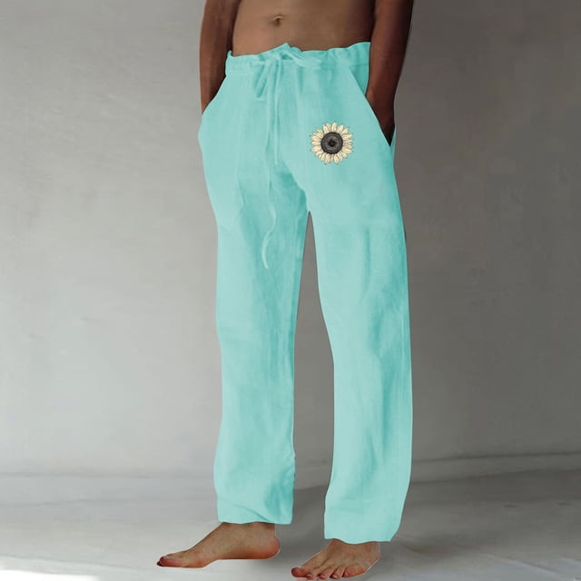 Ceisia Men's Gift Loose Straight-leg Sunflower Print Casual Pants Mid-Rise Elastic Drawstring Waist Side Print Pants