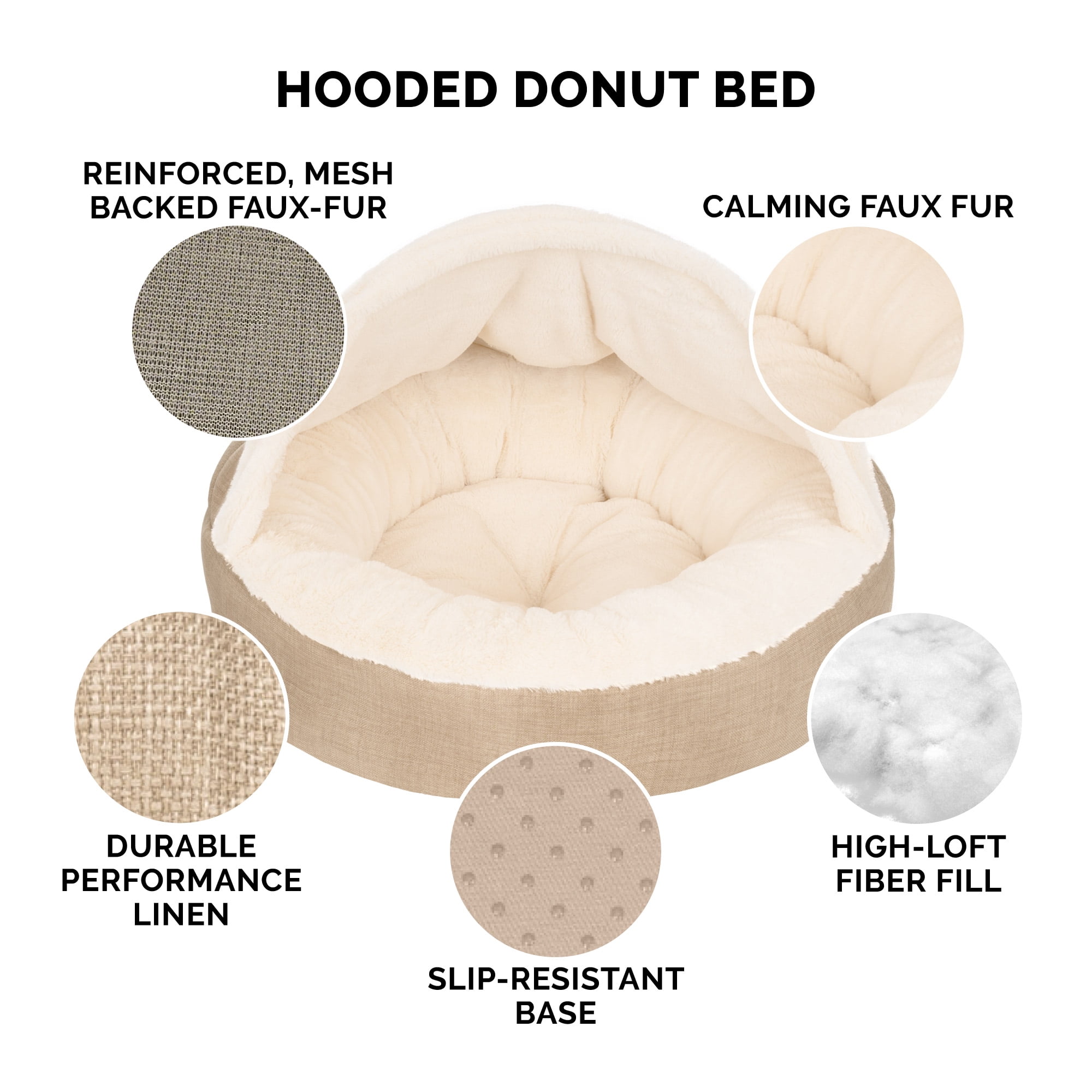 FurHaven Plush & Performance Linen Hooded Donut Pet Bed for Dogs & Cats - Flax, Medium - 27"