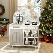 Pirecart Kids Play Kitchen, Toddler Pretend Play Kitchen with Storage Space and Cooking Accessories, Wooden Kitchen Playset for Age 3+, White