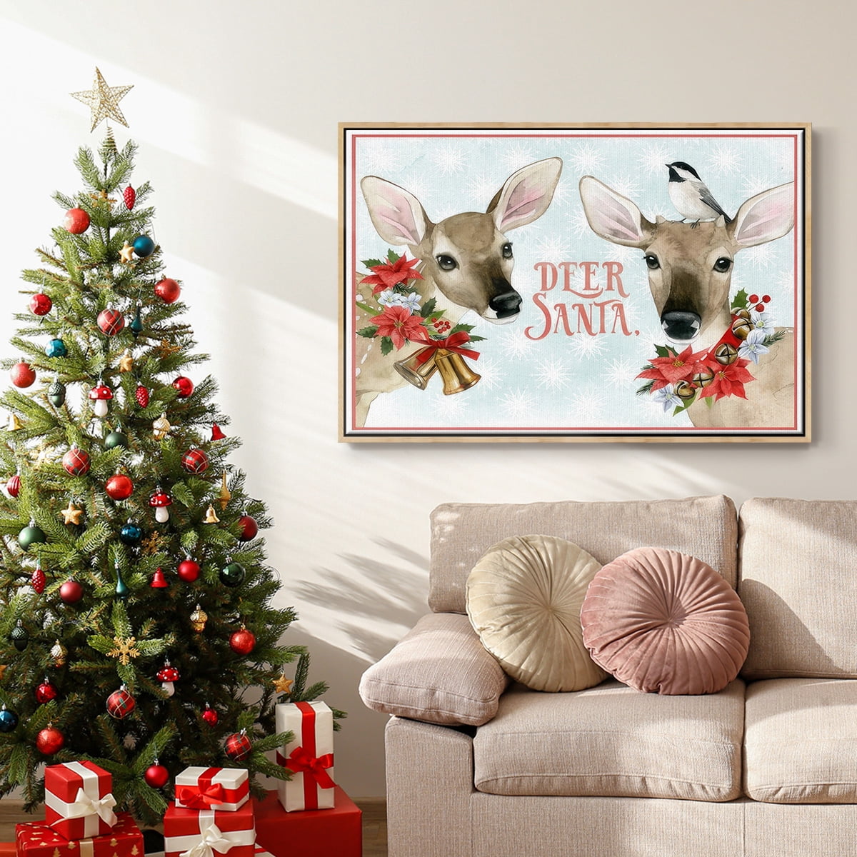 Deer Christmas Collection A - Framed Gallery Wrapped Holiday Canvas - 17 x 25 - Natural Wood Frame