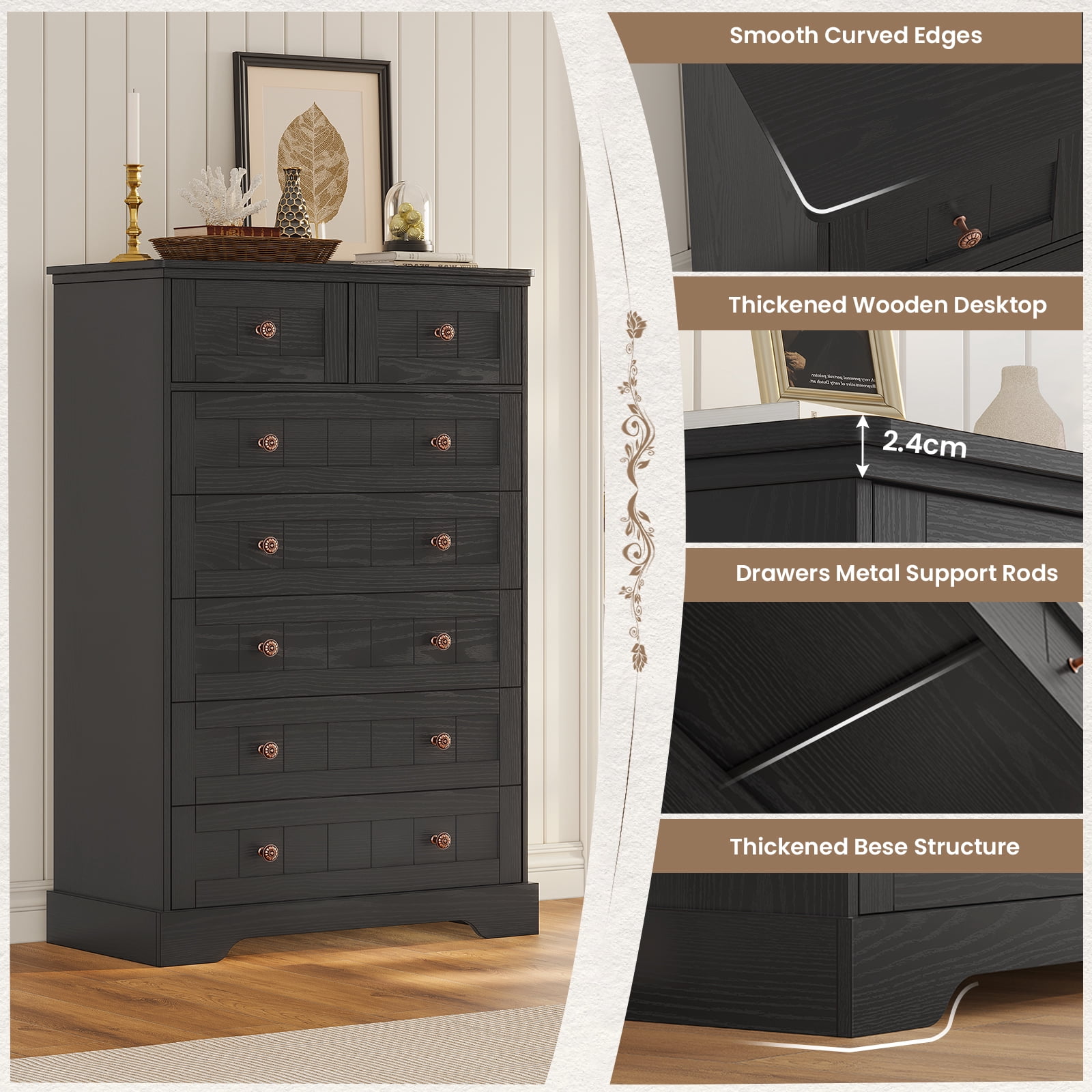 Black Dresser with 7 Drawers for Bedroom Farmhouse 51" Tall Dresser with Wide Drawers and Handles, Wood Storage Cabinet for Living Room