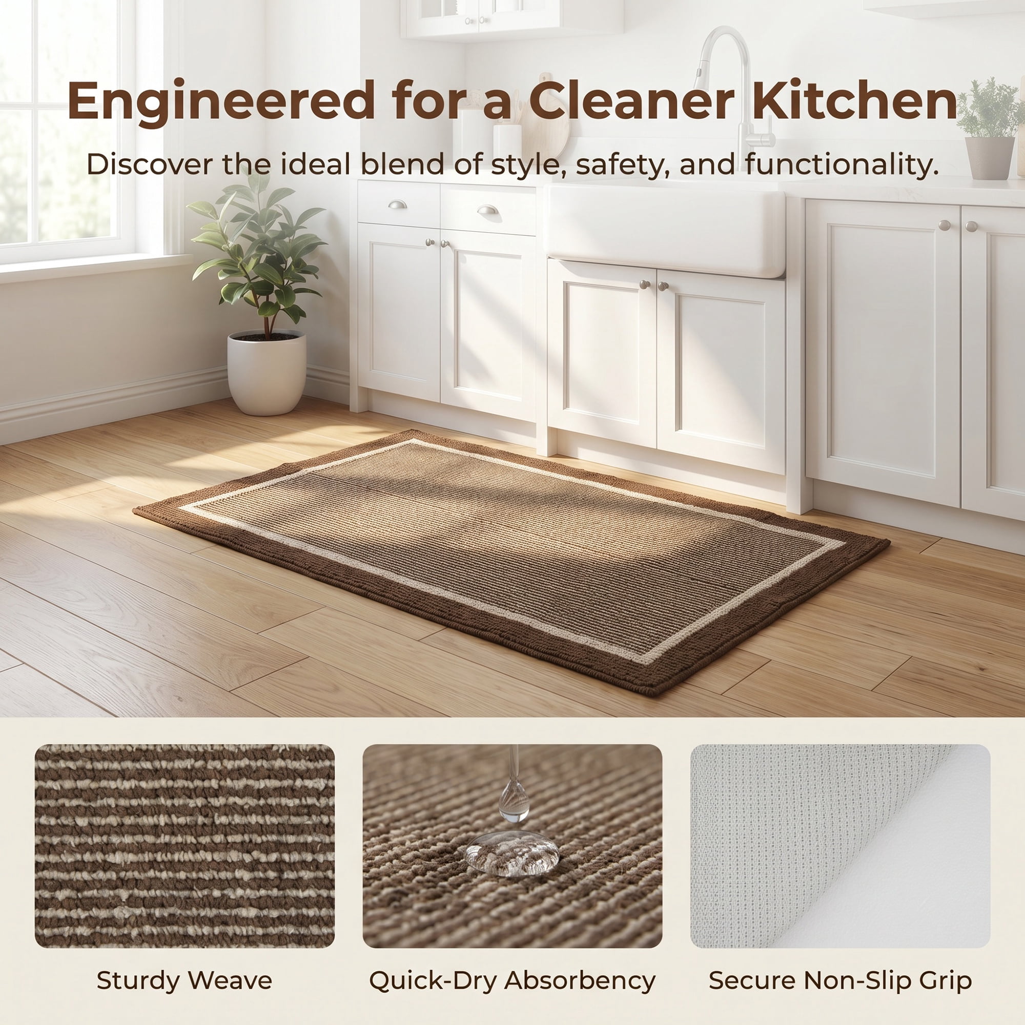 Unique Bargains Striped Polypropylene Non-Slip Absorbent Kitchen Rug Brown 35" x 24"