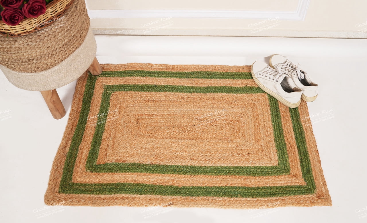 Rectangle Rug Natural Jute Rug Hand Braided Beige and Green Color Rounding Line Area Rug
