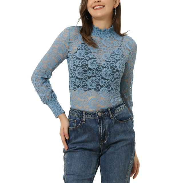 INSPIRAR CHIC Blusa de Encaje Floral Semitransparente de Manga Larga con Cuello Alto para Mujeres M Gris Azul