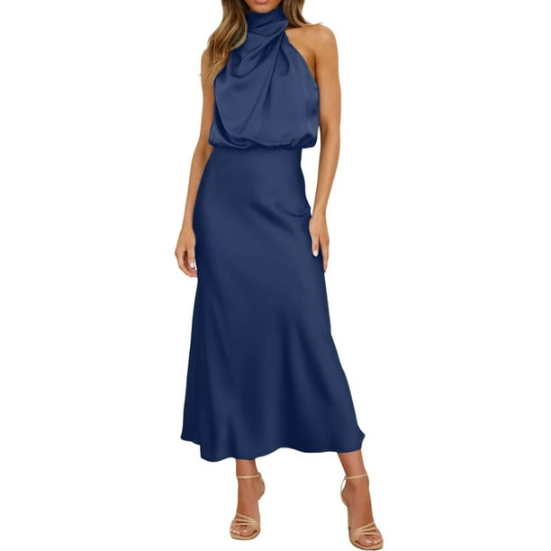 Vestido largo de satén para mujer con cuello alto, sin mangas y abertura lateral - Vestido formal/informal de noche para bodas/cócteles